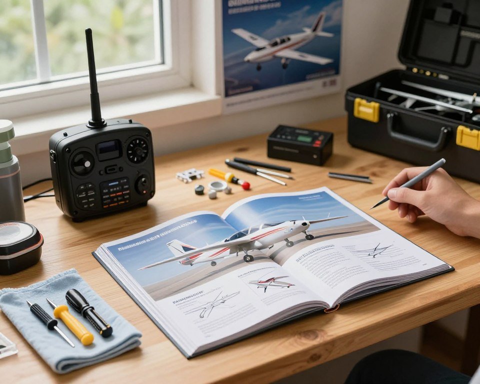 A well-organized workspace featuring a detailed guidebook on RC airplanes, prominently displaying an image of a four-channel radio-controlled airplane in pristine condition. The foreground includes tools and maintenance supplies such as small screwdrivers, a cleaning cloth, and spare parts, showcasing a hands-on approach to maintenance. In the middle, the guidebook opened to a page with annotated diagrams and tips for buying and maintaining RC airplanes. The background features a well-lit workbench with posters of different RC models and an open toolbox. Natural lighting filters through a window, creating a warm and inviting atmosphere, emphasizing the excitement of RC airplane enthusiasts. The angle is slightly above the table, providing a clear view of the workspace. The overall mood reflects professionalism and passion for the hobby. A well-organized workspace featuring a detailed guidebook on RC airplanes, prominently displaying an image of a four-channel radio-controlled airplane in pristine condition. The foreground includes tools and maintenance supplies such as small screwdrivers, a cleaning cloth, and spare parts, showcasing a hands-on approach to maintenance. In the middle, the guidebook opened to a page with annotated diagrams and tips for buying and maintaining RC airplanes. The background features a well-lit workbench with posters of different RC models and an open toolbox. Natural lighting filters through a window, creating a warm and inviting atmosphere, emphasizing the excitement of RC airplane enthusiasts. The angle is slightly above the table, providing a clear view of the workspace. The overall mood reflects professionalism and passion for the hobby.