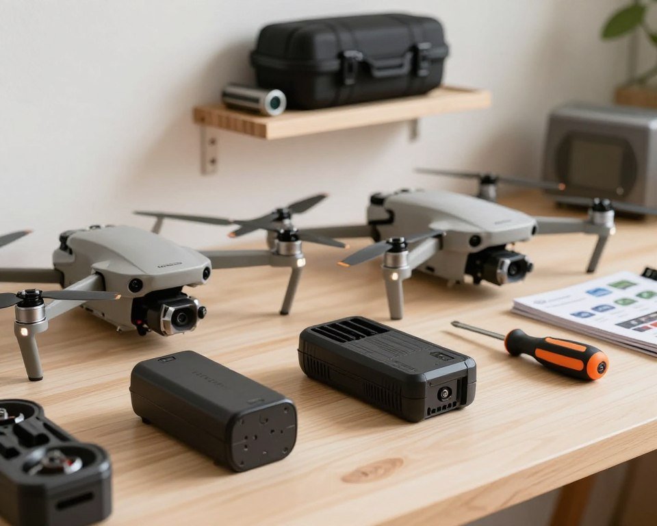 A well-organized workspace featuring essential drone accessories and maintenance tools for beginners learning to fly. In the foreground, show a close-up view of a drone battery, propellers, a portable charger, and a screwdriver set neatly arranged on a workbench. The middle ground features a partially assembled drone with its components visible, including motors and sensors, while a gentle ambient light highlights these tools. In the background, display a simple wall-mounted shelving unit with additional accessories like a drone case and a flight manual. Capture the scene from a slightly elevated angle to give an overview of the workspace, evoking a sense of clarity and readiness for maintenance tasks. The atmosphere should feel calm, organized, and inviting for novice drone enthusiasts.