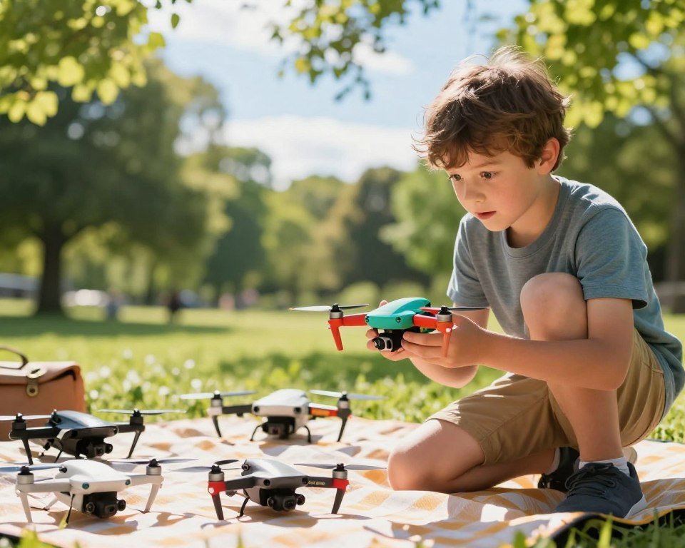 A young child, around 8 years old, attentively examines a colorful, compact drone in a bright, sunlit park. The foreground features the child crouching down, wearing a casual t-shirt and shorts, showing curiosity with wide eyes. In the middle ground, a selection of various drones is displayed on a picnic blanket, showcasing different sizes and designs, appealing to kids. The background includes lush green trees and bright blue skies, conveying a joyful atmosphere. Sunlight filters through the leaves, adding warmth to the scene. The image should be shot from a low angle, focusing on the child's expression and the drones, creating an engaging, inviting mood.