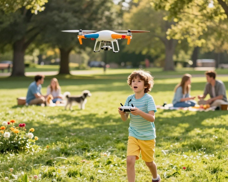 A young child, around 8 years old, with a look of excitement and curiosity, is engaged in flying a colorful toy drone in a sunny park. The child is wearing a bright, playful outfit, suitable for outdoor activities. In the foreground, the child is concentrating, holding a remote controller, with the drone hovering skillfully above. In the middle ground, a vibrant green lawn is visible, dotted with a few blooming flowers and soft shadows cast by the trees. In the background, there are families enjoying their day, with playful pets and picnic setups. The atmosphere is cheerful and lively, evoking a sense of joy and adventure. The lighting is bright and warm, typical of a sunny afternoon, highlighting the child's expression and the vibrant colors of the drone. A young child, around 8 years old, with a look of excitement and curiosity, is engaged in flying a colorful toy drone in a sunny park. The child is wearing a bright, playful outfit, suitable for outdoor activities. In the foreground, the child is concentrating, holding a remote controller, with the drone hovering skillfully above. In the middle ground, a vibrant green lawn is visible, dotted with a few blooming flowers and soft shadows cast by the trees. In the background, there are families enjoying their day, with playful pets and picnic setups. The atmosphere is cheerful and lively, evoking a sense of joy and adventure. The lighting is bright and warm, typical of a sunny afternoon, highlighting the child's expression and the vibrant colors of the drone.