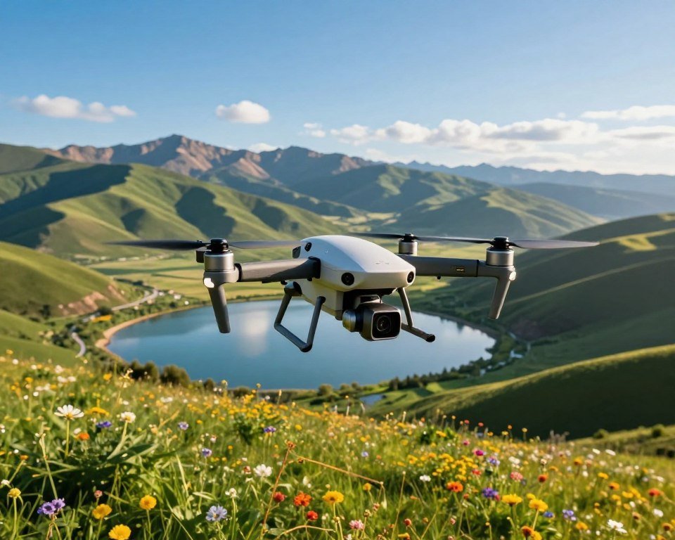 Aerial photograph showcasing the benefits of drone photography. In the foreground, a modern quadcopter with a high-resolution camera, elegantly hovering above a vibrant landscape. The middle ground reveals an expansive view of a lush green valley, dotted with colorful wildflowers, capturing a scenic lake reflecting the sky, and a winding river. In the background, rolling hills transition into majestic mountains under a clear blue sky, with soft, golden sunlight casting captivating shadows. The mood is inspiring and adventurous, conveying the thrill of capturing breathtaking images from a bird's-eye view. The composition features a slight upward angle, emphasizing the drone and its capabilities, with natural lighting enhancing the vivid colors and details throughout the scene. Aerial photograph showcasing the benefits of drone photography. In the foreground, a modern quadcopter with a high-resolution camera, elegantly hovering above a vibrant landscape. The middle ground reveals an expansive view of a lush green valley, dotted with colorful wildflowers, capturing a scenic lake reflecting the sky, and a winding river. In the background, rolling hills transition into majestic mountains under a clear blue sky, with soft, golden sunlight casting captivating shadows. The mood is inspiring and adventurous, conveying the thrill of capturing breathtaking images from a bird's-eye view. The composition features a slight upward angle, emphasizing the drone and its capabilities, with natural lighting enhancing the vivid colors and details throughout the scene.