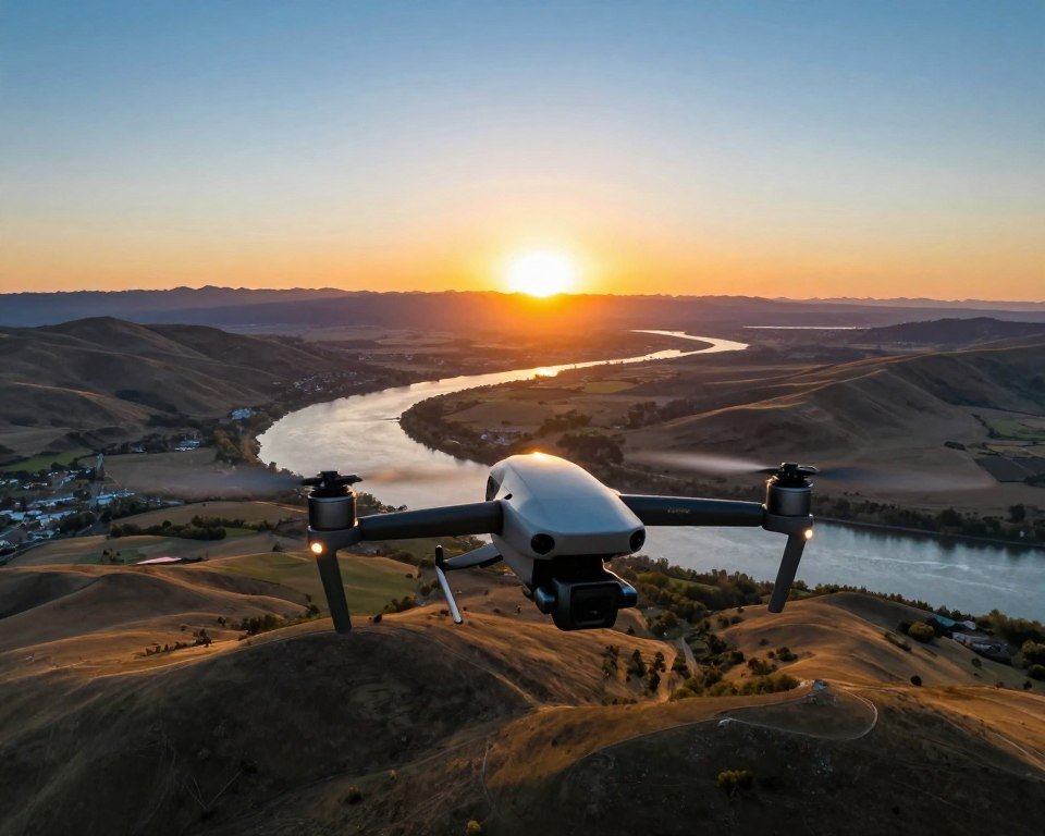 Aerial view of a modern drone capturing stunning 360-degree footage, positioned strategically in the foreground with its rotors spinning. In the middle ground, a breathtaking panoramic landscape unfolds, featuring rolling hills, a shimmering river, and a vibrant sunset casting warm hues across the sky. The background showcases distant mountains under a clear blue sky, creating a sense of depth and expansive beauty. The scene is lit with golden hour lighting, enhancing the textures and colors of the landscape. The overall mood is inspiring and adventurous, encapsulating the essence of aerial filming. Use a wide-angle lens perspective to emphasize the grandeur of the vista. No text, markings, or watermarks are included. Aerial view of a modern drone capturing stunning 360-degree footage, positioned strategically in the foreground with its rotors spinning. In the middle ground, a breathtaking panoramic landscape unfolds, featuring rolling hills, a shimmering river, and a vibrant sunset casting warm hues across the sky. The background showcases distant mountains under a clear blue sky, creating a sense of depth and expansive beauty. The scene is lit with golden hour lighting, enhancing the textures and colors of the landscape. The overall mood is inspiring and adventurous, encapsulating the essence of aerial filming. Use a wide-angle lens perspective to emphasize the grandeur of the vista. No text, markings, or watermarks are included.