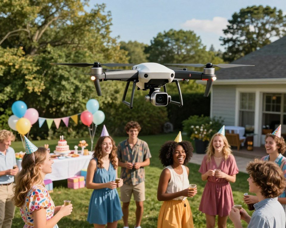 Aerial view of a scenic outdoor birthday party, vividly capturing moments of joy and excitement. In the foreground, guests of various ages are engaging with each other, some smiling and laughing, dressed in colorful party attire. In the middle ground, a drone hovers above, showcasing its impressive camera technology with a sleek design and propellers spinning gracefully. The background features a beautifully decorated backyard with balloons, a festive table set with a cake and gifts, and lush green trees under a clear blue sky. The lighting is bright and cheerful, evoking a warm and happy atmosphere. The composition emphasizes the drone's role in capturing unforgettable experiences, highlighting successful aerial filming techniques. No text or watermarks present. Aerial view of a scenic outdoor birthday party, vividly capturing moments of joy and excitement. In the foreground, guests of various ages are engaging with each other, some smiling and laughing, dressed in colorful party attire. In the middle ground, a drone hovers above, showcasing its impressive camera technology with a sleek design and propellers spinning gracefully. The background features a beautifully decorated backyard with balloons, a festive table set with a cake and gifts, and lush green trees under a clear blue sky. The lighting is bright and cheerful, evoking a warm and happy atmosphere. The composition emphasizes the drone's role in capturing unforgettable experiences, highlighting successful aerial filming techniques. No text or watermarks present.