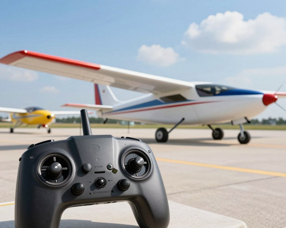 An advanced remote control airplane system displayed prominently in the foreground, highlighting its intricate transmitter design with various control knobs and switches. In the middle ground, showcase the sleek, modern RC planes, emphasizing their aerodynamic shapes and vibrant color schemes. The background features a clear blue sky with a few fluffy clouds, indicating a perfect day for flying. Soft, natural lighting illuminates the scene, creating a lively, invigorating atmosphere. Capture the image with a slight low-angle perspective to emphasize the control systems and RC planes. Focus on the details of the transmitters and planes, while keeping the scene organized and uncluttered, ensuring a professional and inspiring look. An advanced remote control airplane system displayed prominently in the foreground, highlighting its intricate transmitter design with various control knobs and switches. In the middle ground, showcase the sleek, modern RC planes, emphasizing their aerodynamic shapes and vibrant color schemes. The background features a clear blue sky with a few fluffy clouds, indicating a perfect day for flying. Soft, natural lighting illuminates the scene, creating a lively, invigorating atmosphere. Capture the image with a slight low-angle perspective to emphasize the control systems and RC planes. Focus on the details of the transmitters and planes, while keeping the scene organized and uncluttered, ensuring a professional and inspiring look.