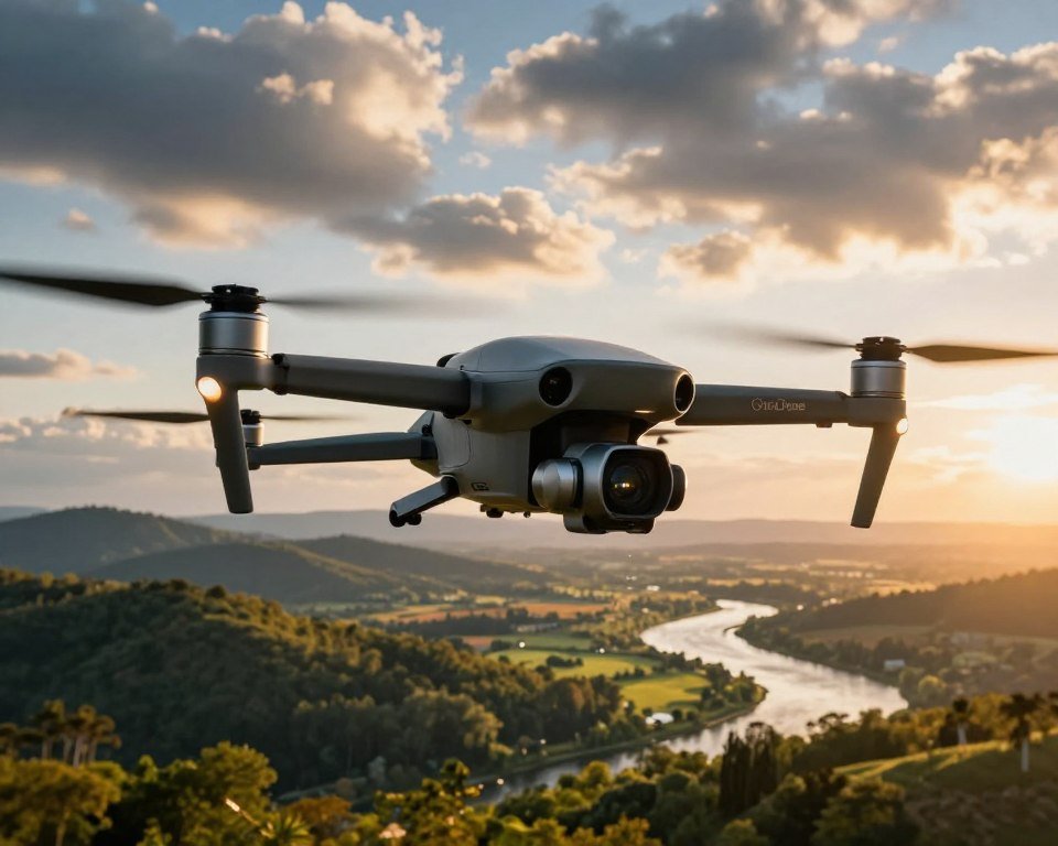 An aerial cinematography scene showcasing advanced imaging technologies, focusing on a sleek drone capturing stunning landscapes. In the foreground, the drone hovers with its camera lens clearly visible, reflecting sunlight. In the middle ground, a vibrant landscape unfolds, featuring rolling hills, lush forests, and a winding river, all illuminated by golden hour lighting, enhancing the colors. The background consists of a dramatic sky filled with dynamic clouds, hinting at an impending sunset. The atmosphere is thrilling yet serene, evoking creativity and innovation in filmmaking. The image should be captured from a slight low angle, emphasizing the drone's cutting-edge design while showcasing the breathtaking scenery beneath it. No text or captions are included; the emphasis is solely on the technology and breathtaking visuals. An aerial cinematography scene showcasing advanced imaging technologies, focusing on a sleek drone capturing stunning landscapes. In the foreground, the drone hovers with its camera lens clearly visible, reflecting sunlight. In the middle ground, a vibrant landscape unfolds, featuring rolling hills, lush forests, and a winding river, all illuminated by golden hour lighting, enhancing the colors. The background consists of a dramatic sky filled with dynamic clouds, hinting at an impending sunset. The atmosphere is thrilling yet serene, evoking creativity and innovation in filmmaking. The image should be captured from a slight low angle, emphasizing the drone's cutting-edge design while showcasing the breathtaking scenery beneath it. No text or captions are included; the emphasis is solely on the technology and breathtaking visuals.