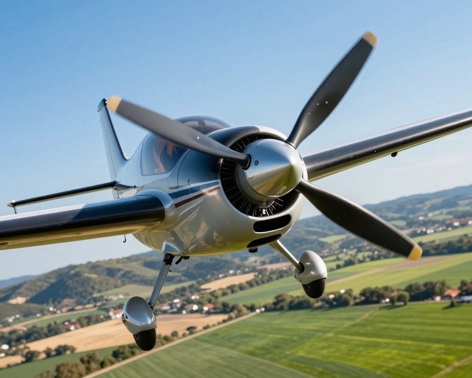 An aerial view of a high-performance remote-controlled airplane in flight, focusing on its propeller and wing design, highlighting the intricate details of the propeller blades. The foreground features the airplane with a shiny finish and sharp propeller edges reflecting the sunlight, demonstrating its aerodynamic efficiency. In the middle ground, a clear blue sky enhances the contrast, while the background showcases a scenic landscape with rolling hills and vibrant green fields below. The lighting is bright and natural, creating a crisp, dynamic atmosphere that emphasizes speed and precision. The shot is taken from a low angle to illustrate the power and impact of the propeller on flight performance. An aerial view of a high-performance remote-controlled airplane in flight, focusing on its propeller and wing design, highlighting the intricate details of the propeller blades. The foreground features the airplane with a shiny finish and sharp propeller edges reflecting the sunlight, demonstrating its aerodynamic efficiency. In the middle ground, a clear blue sky enhances the contrast, while the background showcases a scenic landscape with rolling hills and vibrant green fields below. The lighting is bright and natural, creating a crisp, dynamic atmosphere that emphasizes speed and precision. The shot is taken from a low angle to illustrate the power and impact of the propeller on flight performance.