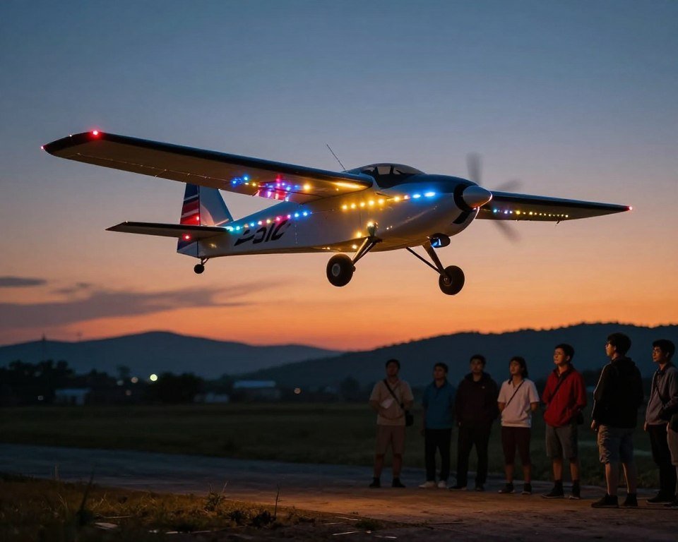 An illuminated RC airplane soaring through a vibrant twilight sky, showcasing its array of colorful LED lights that highlight its sleek design. In the foreground, emphasize the details of the airplane's bright lights and aerodynamic shape, capturing the excitement of night flying. In the middle ground, depict a small group of enthusiastic hobbyists, dressed in casual clothing, watching and admiring the plane as it performs agile maneuvers. In the background, a serene landscape with rolling hills and a dusky sky transitioning from orange to deep blue. Use a soft-focus lens effect to enhance the warm, inviting atmosphere, evoking a sense of wonder and adventure in the world of RC flying. The lighting should be dramatic to emphasize the brightness of the plane's lights against the darkening sky.