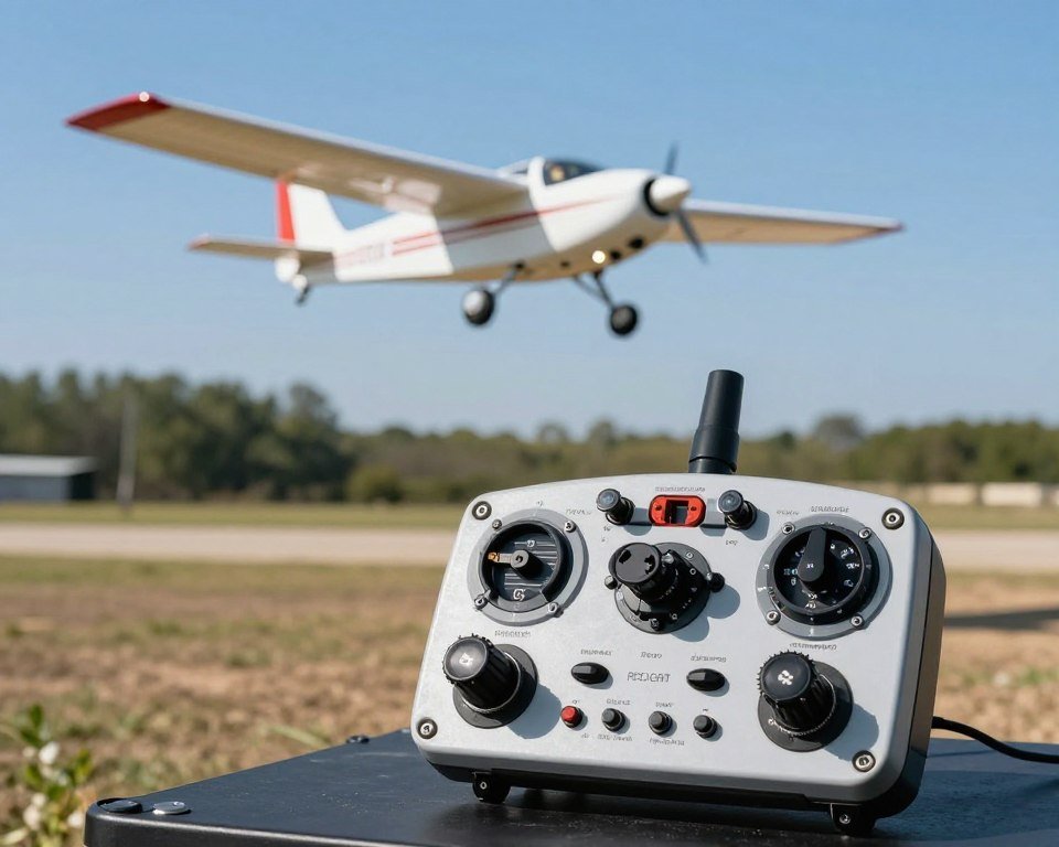 An informative and engaging image showcasing the channels and controls in RC airplanes. In the foreground, display a detailed close-up of an RC airplane's control system, highlighting the various channels and electronic components. The middle section should feature a flying RC airplane in action against a clear blue sky, showcasing its stability and maneuverability. In the background, depict a serene outdoor setting with trees and a small field, suggesting an ideal environment for flying. Use natural sunlight to create vibrant colors and crisp shadows, enhancing the technical aspects of the controls. The image should convey a sense of excitement and expertise, suitable for enthusiasts and beginners alike. An informative and engaging image showcasing the channels and controls in RC airplanes. In the foreground, display a detailed close-up of an RC airplane's control system, highlighting the various channels and electronic components. The middle section should feature a flying RC airplane in action against a clear blue sky, showcasing its stability and maneuverability. In the background, depict a serene outdoor setting with trees and a small field, suggesting an ideal environment for flying. Use natural sunlight to create vibrant colors and crisp shadows, enhancing the technical aspects of the controls. The image should convey a sense of excitement and expertise, suitable for enthusiasts and beginners alike.