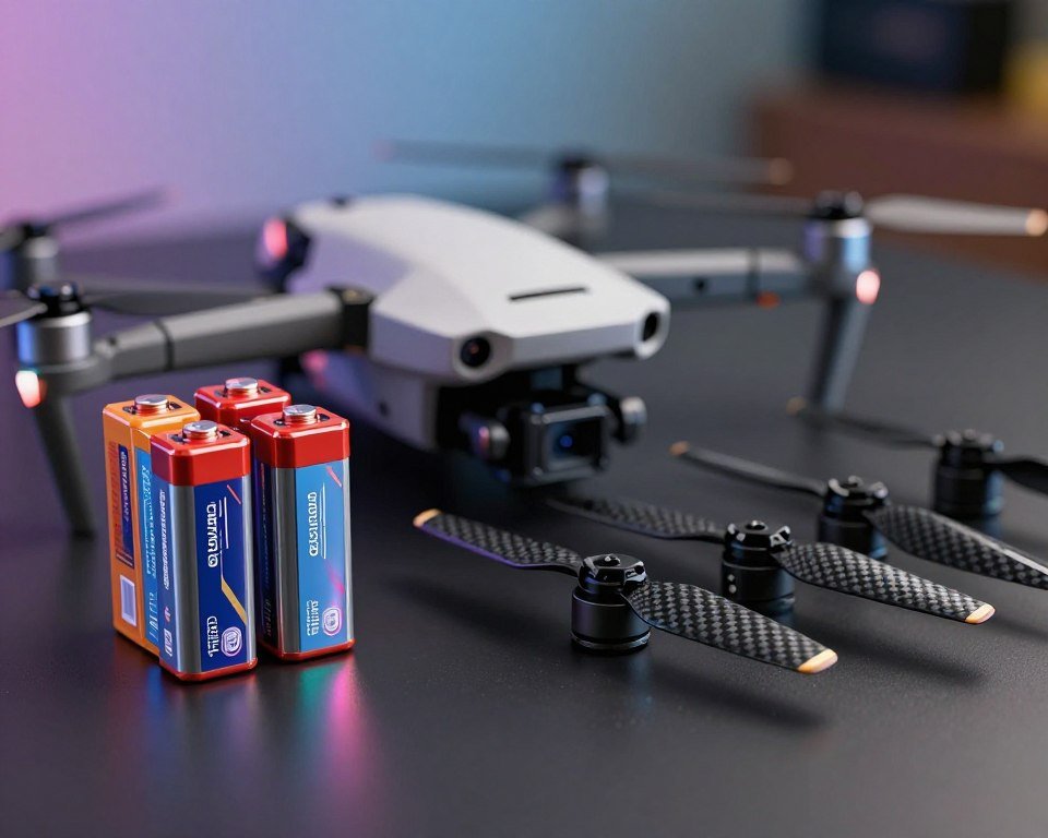 An intricate display of drone batteries and propellers arranged artistically on a sleek, dark surface. In the foreground, showcase vibrant, cutting-edge lithium polymer batteries with intricate connectors, casting subtle reflections. Next to them, highlight a set of lightweight, carbon-fiber propellers, showcasing their aerodynamic design and craftsmanship. In the middle ground, a blurred drone body partially visible emphasizes the technological context. The background features soft, ambient lighting that creates a high-tech atmosphere, with a gradient that hints at a workshop setting. Use a shallow depth of field to draw attention to the batteries and propellers while giving a sense of depth. The composition should evoke a sense of innovation and accessibility, perfect for a beginner's guide on drones. An intricate display of drone batteries and propellers arranged artistically on a sleek, dark surface. In the foreground, showcase vibrant, cutting-edge lithium polymer batteries with intricate connectors, casting subtle reflections. Next to them, highlight a set of lightweight, carbon-fiber propellers, showcasing their aerodynamic design and craftsmanship. In the middle ground, a blurred drone body partially visible emphasizes the technological context. The background features soft, ambient lighting that creates a high-tech atmosphere, with a gradient that hints at a workshop setting. Use a shallow depth of field to draw attention to the batteries and propellers while giving a sense of depth. The composition should evoke a sense of innovation and accessibility, perfect for a beginner's guide on drones.