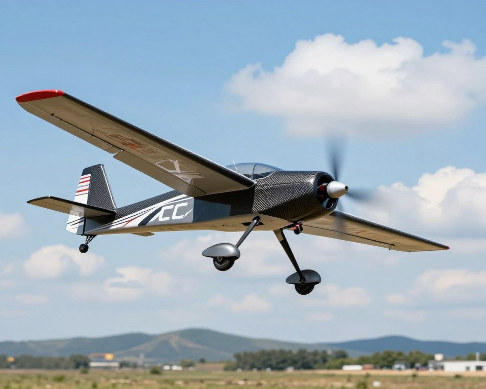 An intricately detailed acrobatic RC airplane with a brushless motor, showcasing high-quality materials such as carbon fiber and reinforced composite structures. In the foreground, the airplane is depicted in a dynamic maneuver, showcasing its agility and performance capabilities. The middle ground features a scenic outdoor environment, with a clear blue sky and a few fluffy clouds, emphasizing the freedom of flight. In the background, a distant landscape of rolling hills complements the scene, enhancing the sense of adventure. The lighting is bright and natural, capturing the sleek design and craftsmanship of the aircraft. The mood is exhilarating and focused, inviting viewers to appreciate the technical excellence and performance features of the product.